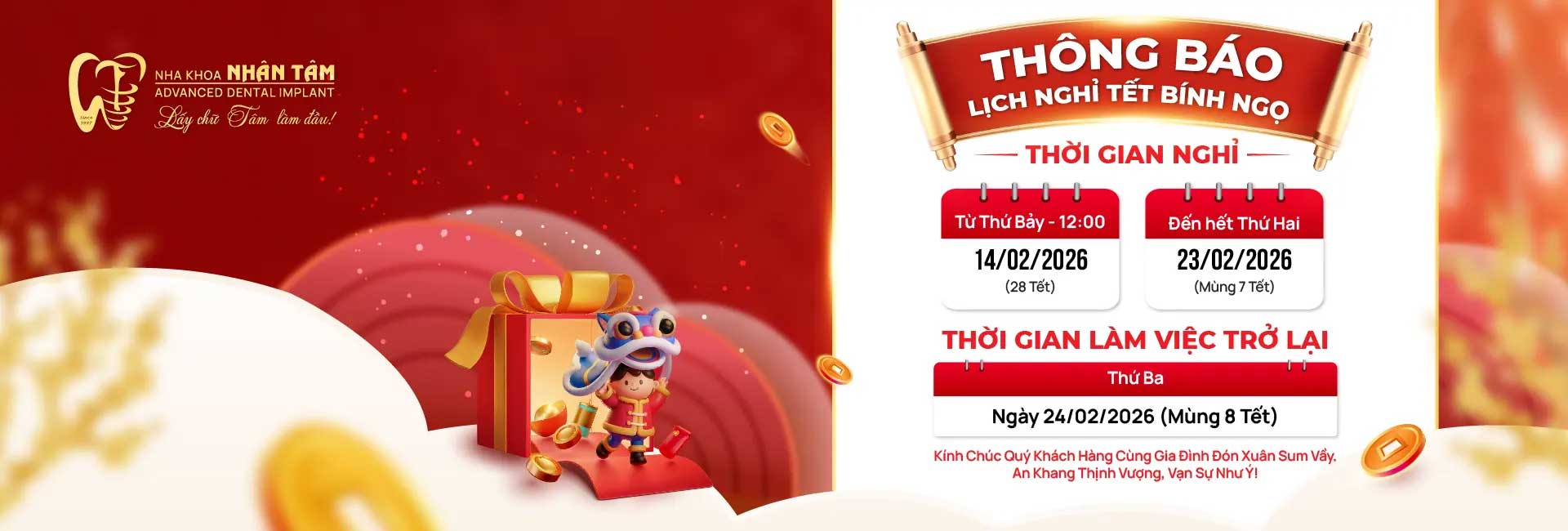 Thông báo lịch nghỉ tết Bính Ngọ tại nha khoa Nhân Tâm