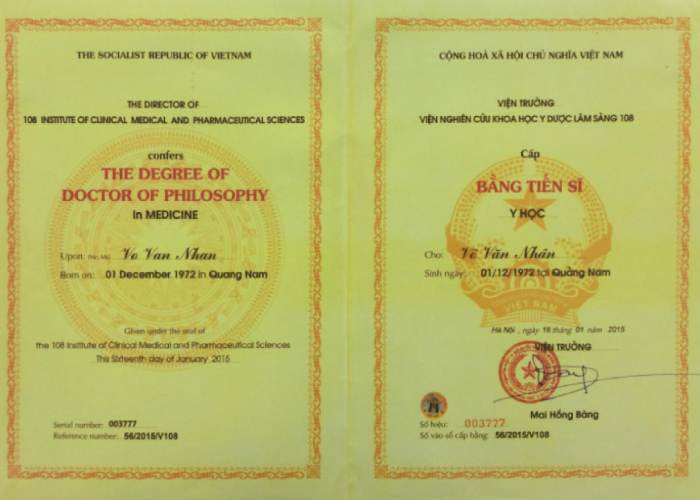 Hình: certificate 1 tiến sĩ bác sĩ Võ Văn Nhân