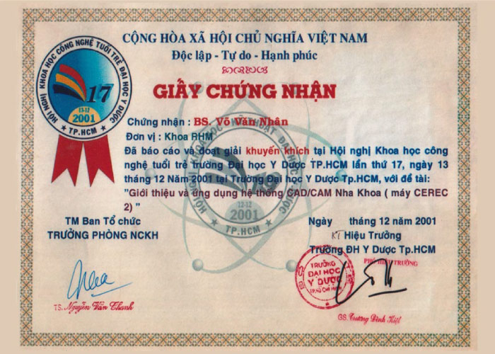 Hình: certificate 4 tiến sĩ bác sĩ Võ Văn Nhân