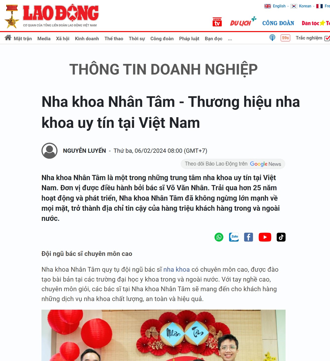 Nha khoa Nhân Tâm - Báo Lao Động