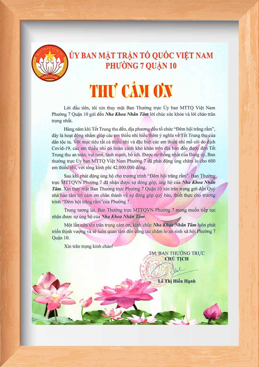 Thư cám ơn của UBMT VN Phường 7, Quận 10 vì sự đóng góp của Nha khoa Nhân Tâm    