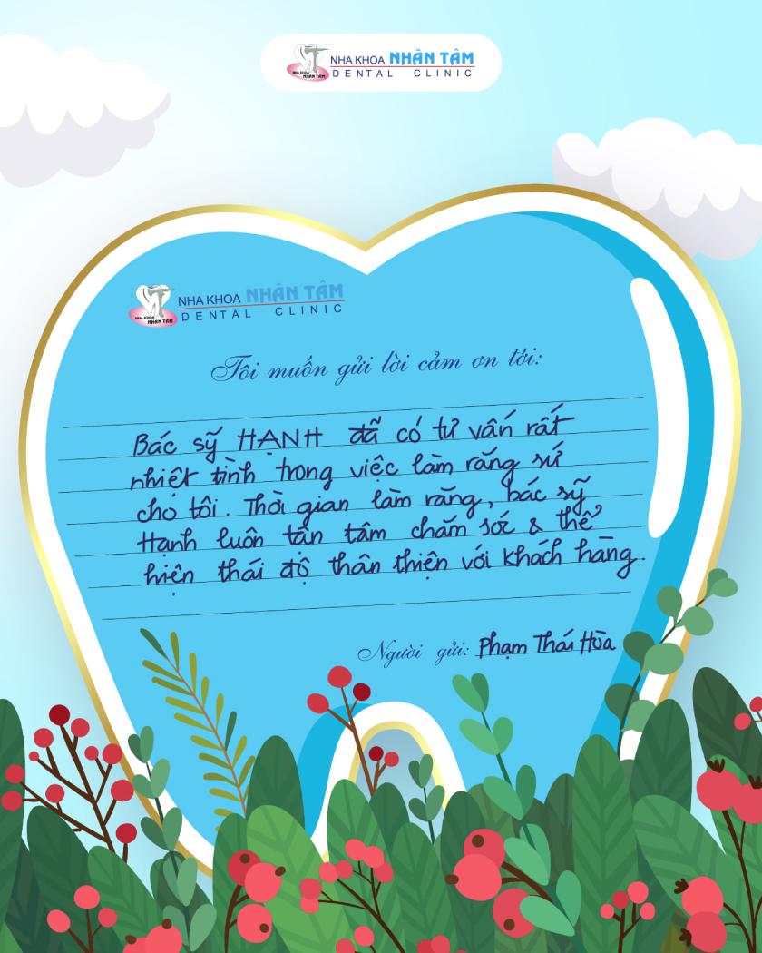 Lời cảm ơn khách hàng gửi tới bác sĩ Hạnh