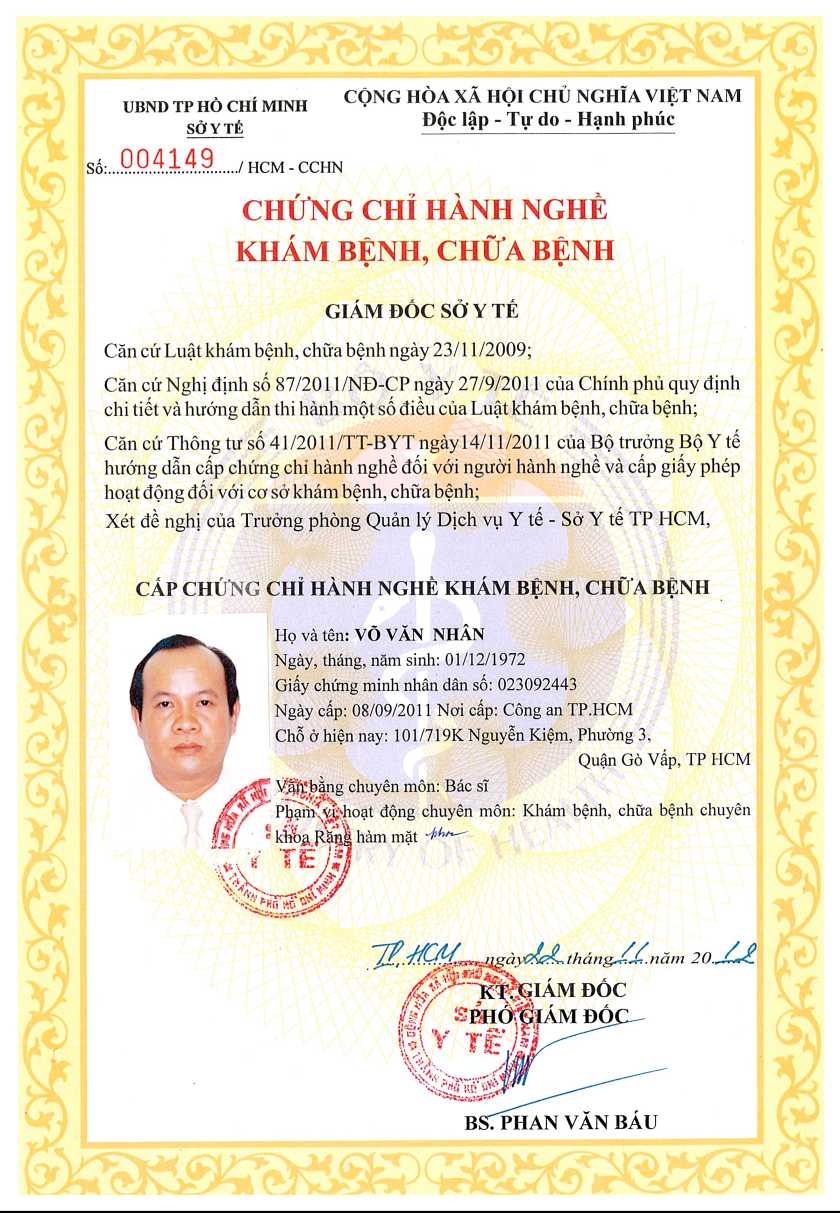Chứng chỉ hành nghề của TS.BS Võ Văn Nhân Hình: Chứng chỉ hành nghề của TS.BS Võ Văn Nhân
